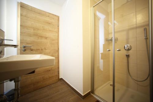 a bathroom with a shower and a sink at Ferienhaus Schreinerhaus in Viechtach