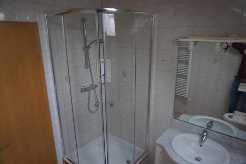 bagno con doccia e lavandino di Haus Barbara Stangl 2 a Pruggern