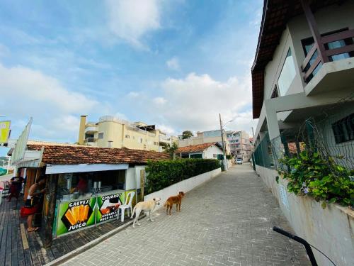 two dogs walking on a sidewalk next to a building at Ilha de Rhodes in Bombinhas