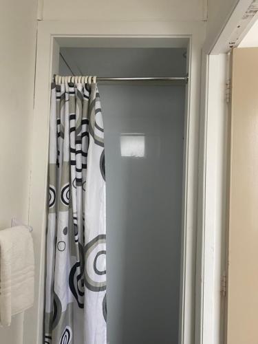 a shower door with a shower curtain in a bathroom at Downtown Backpackers & Accommodation in Nelson