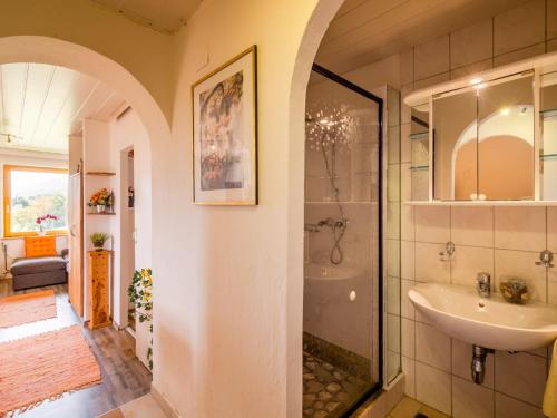 a bathroom with a glass shower and a sink at Cozy Apartment in Lukowitz with Pool in Ludmannsdorf