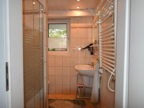 a small bathroom with a sink and a window at Wonderful Apartment in Elpe with Garden in Kröpelin