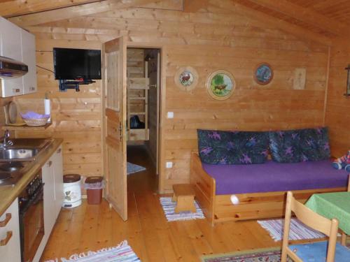 ein Wohnzimmer mit einem Sofa in einem Blockhaus in der Unterkunft Log cabin in Bavaria with covered terrace in Steingaden