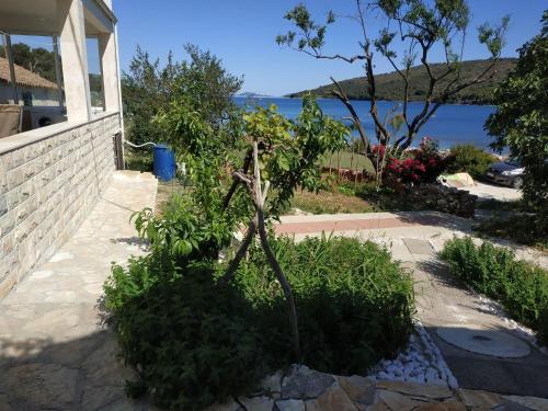 un pequeño árbol en un jardín junto a una casa en Detached Holiday house few steps from the beach en Veli Rat