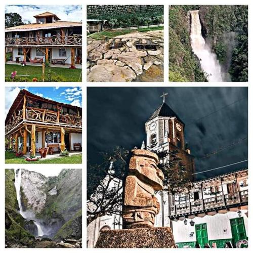 a collage of pictures of a building and a clock tower at Cabañas Guacari San Agustín huila in San Agustín