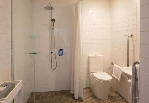 a bathroom with a shower and a toilet and a sink at Villa Del Lago in Queenstown