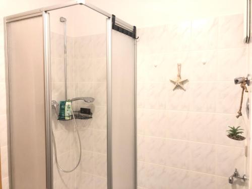 a shower in a bathroom with a glass door at Cottbus-Apartments - Green Apartment I privat I Wifi I Küche I Balkon in Cottbus