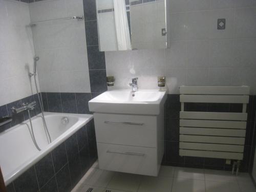 a bathroom with a sink and a bath tub at Mila 4 in Champéry
