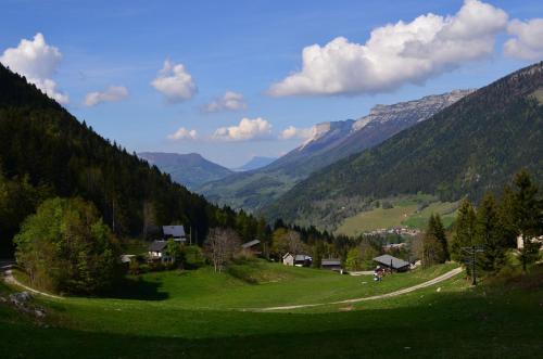 ein grünes Tal mit Häusern und Bergen im Hintergrund in der Unterkunft Les ateliers du Cucheron in Saint-Pierre-de-Chartreuse