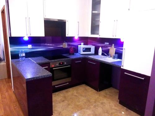 a kitchen with black cabinets and a white microwave at Apartment Old Town Cozy in Elblag
