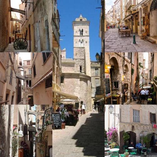 a collage of photos of a city with a clock tower at L'Appart in Bonifacio