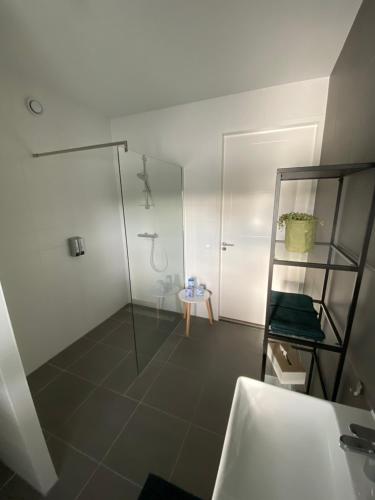 a bathroom with a shower and a glass shower stall at Gouda's Herenhuys in Gouda