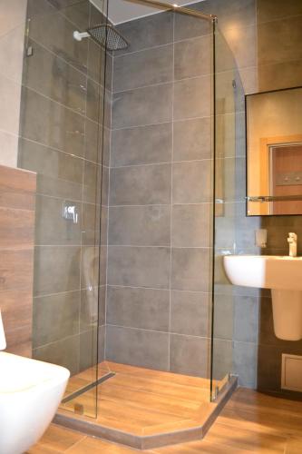 a bathroom with a glass shower and a sink at Sport Hotel 1 in Cherkasy