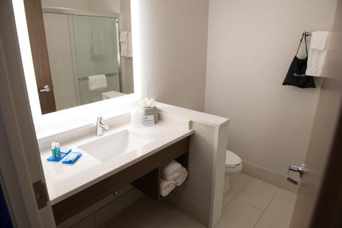 a bathroom with a sink and a mirror and a toilet at Holiday Inn Express & Suites - Louisville N - Jeffersonville, an IHG Hotel in Jeffersonville