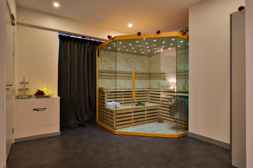 ein Bad mit einer Glasdusche im Zimmer in der Unterkunft Wellness Suite Zeist in Zeist