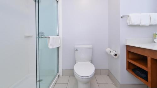 a bathroom with a toilet and a glass shower at Holiday Inn Express & Suites Lexington Midtown - I-75 by IHG in Lexington