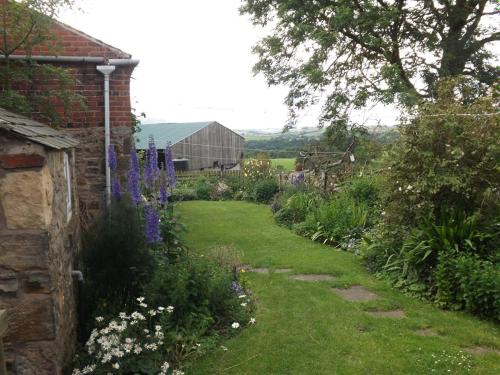 a garden with purple flowers and a brick building at Hillis Close Farm Cottage in Haltwhistle