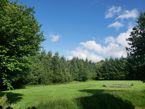 a green field with trees in the background at Le Venec, Lopérec, France in Lopérec