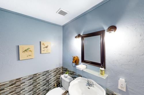 a bathroom with a toilet and a sink and a mirror at Guadalupe Oasis in Seguin