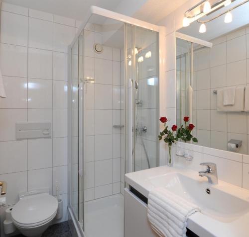 La salle de bains est pourvue d'une douche, d'un lavabo et de toilettes. dans l'établissement Pension Matt, à Schoppernau