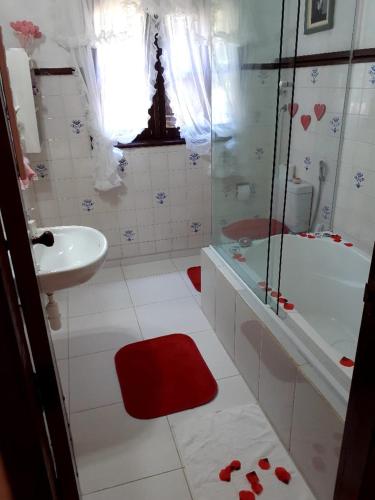 a bathroom with a shower and a sink at Chalé pinheiro velho in Monte Verde