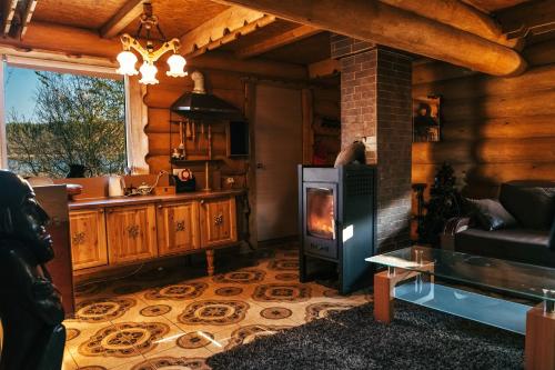 uma sala de estar com lareira e fogão em Väikesaare Guest House em Narva