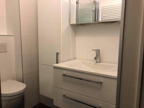 ein Badezimmer mit Waschbecken und Toilette in der Unterkunft Centraal gelegen gezellig verblijf met groot terras in Ostende