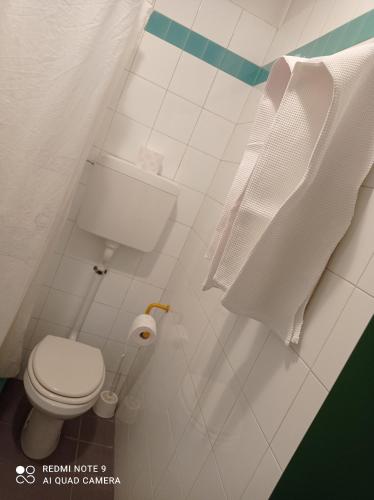 a bathroom with a toilet and a roll of toilet paper at Locanda Alla Stazione in Marano