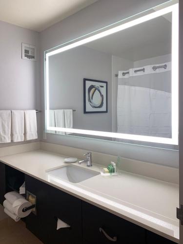 a bathroom with a sink and a large mirror at Holiday Inn Los Angeles - LAX Airport by IHG in Los Angeles