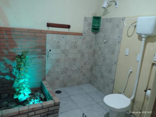 a bathroom with a toilet and a fish tank at Pousada Cantinho do Dodó in Mulungu