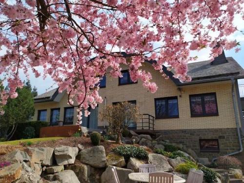 ヴァイヴェルツにあるApartment in Weywertz with Private Garden Terraceのピンクの花の木のある家