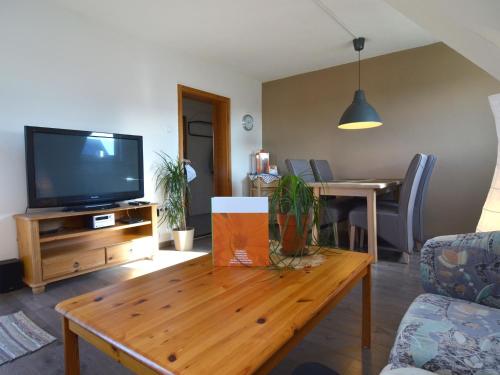 - un salon avec une télévision et une table basse en bois dans l'établissement Apartment in the middle of Franconian Switzerland, à Kunreuth