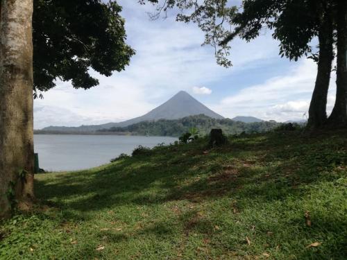 a view of a mountain with a lake and trees at Casona Rústica & Bungalow in Fortuna