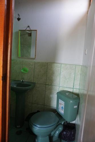 a bathroom with a green toilet and a sink at Hostel Paqaryi in Zorritos