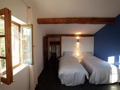 ビュイ・レ・バロニにあるBeautiful villa with panoramic view, in the hills of the Mont Ventouxの青い壁の客室で、ベッド2台、窓が備わります。