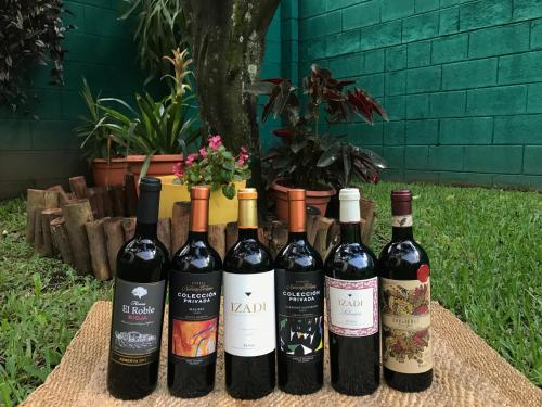 Villa Castillo de Ensueño في كونسيبسيون دي أتاكو: مجموعة من زجاجات النبيذ على طاولة