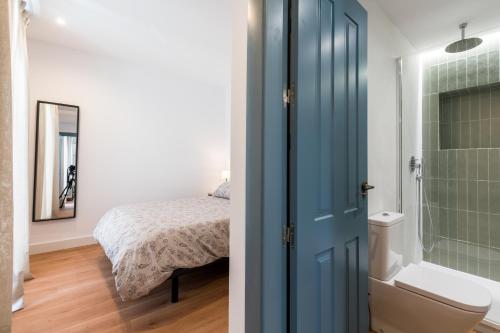 een slaapkamer met een bed en een badkamer met een douche bij Apartamentos Leoncillos in Sevilla