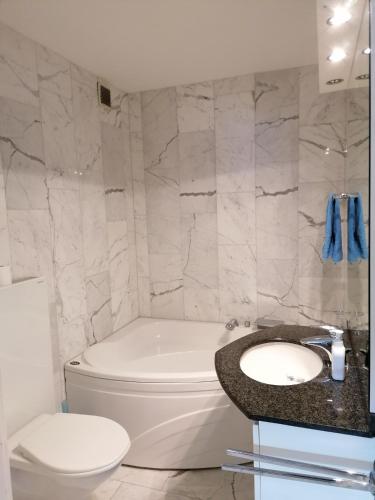 a white bathroom with a toilet and a sink at Condominio Golfo d'Oro in Ascona