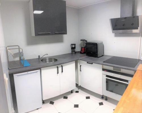 una pequeña cocina con fregadero y microondas en L Appart Eurexpo & Groupama Stadium 10' en Genas