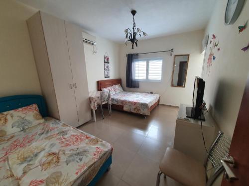 a bedroom with two beds and a tv in it at Apartments Petah Tiqwa - Bar Kochva Street in Petaẖ Tiqwa