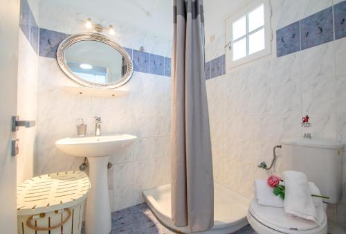 een badkamer met een wastafel, een toilet en een spiegel bij Bellezza Del Mare in Amoudi