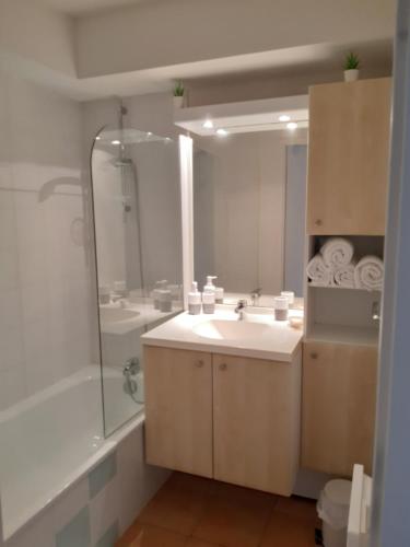 une salle de bain avec un lavabo et un grand miroir dans l'établissement Appt 40m2 Résidence 3*** 10mn plages, à Soulac-sur-Mer