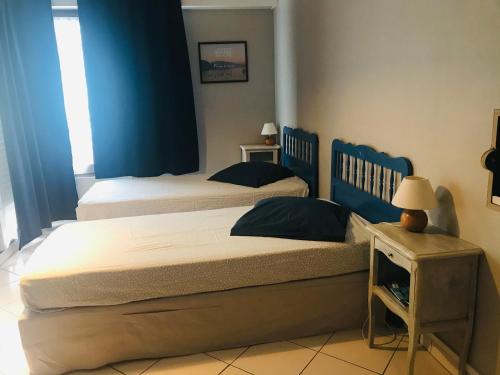 une chambre avec deux lits et une table avec une lampe dans l'établissement 7 Boulevard des Côtes, à Aix-les-Bains