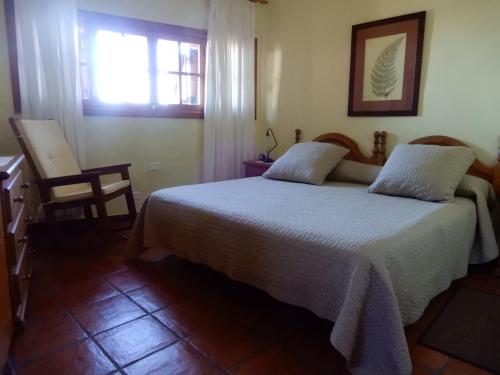 a bedroom with a bed and a window and a chair at Casas Rurales Los Almendreros in Valverde
