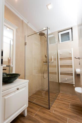a bathroom with a glass shower and a sink at Apartament Carolyne in Bistriţa