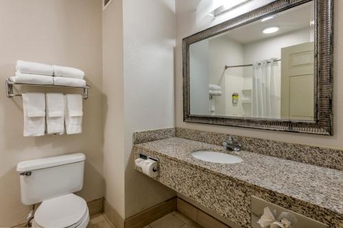 a bathroom with a toilet and a sink with a mirror at Holiday Inn Express Hotel & Suites - The Villages, an IHG Hotel in The Villages