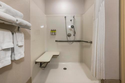 Holiday Inn Express Hotel & Suites - The Villages, an IHG Hotel في ذا فيلاجيز: حمام أبيض مع دش وحوض استحمام