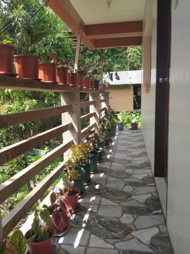 a walkway with potted plants on a fence at D'MESA Seacretlodge and Restaurant in Taytay
