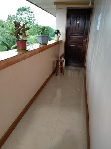 a hallway with a door and a window with potted plants at D'MESA Seacretlodge and Restaurant in Taytay