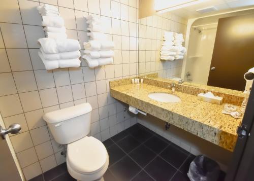 a bathroom with a toilet and a sink and a mirror at Canad Inns Destination Centre Transcona in Winnipeg